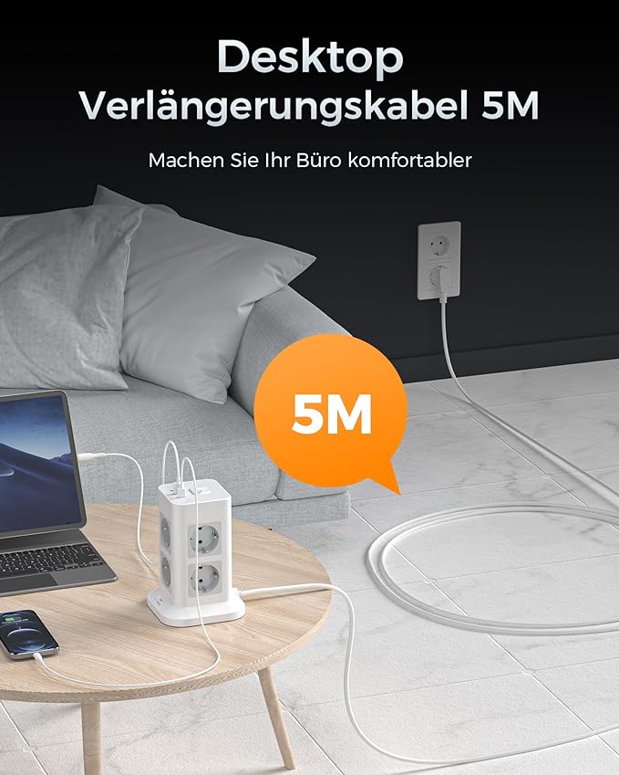 TESSAN 8 Fach Steckdosenleiste USB C Mehrfachstecker,mit 2M Verlängerungskabel