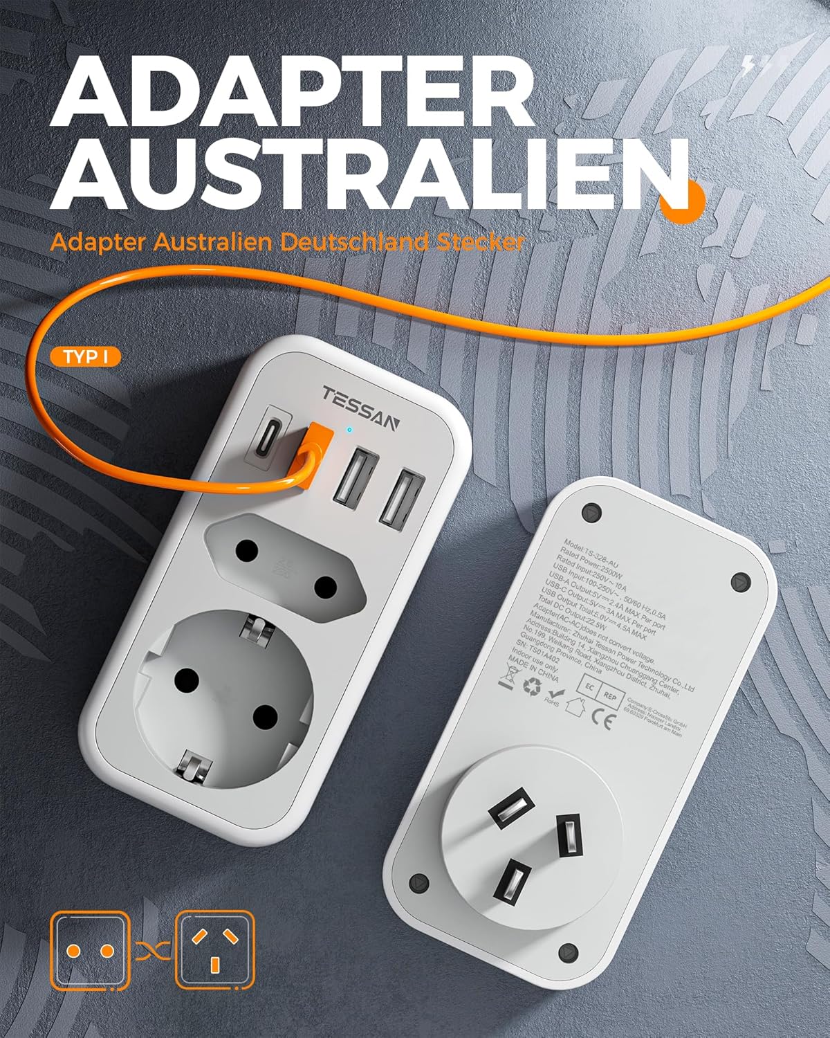 TESSAN 6-in-1 Reiseadapter Australien Typ I mit USB-C