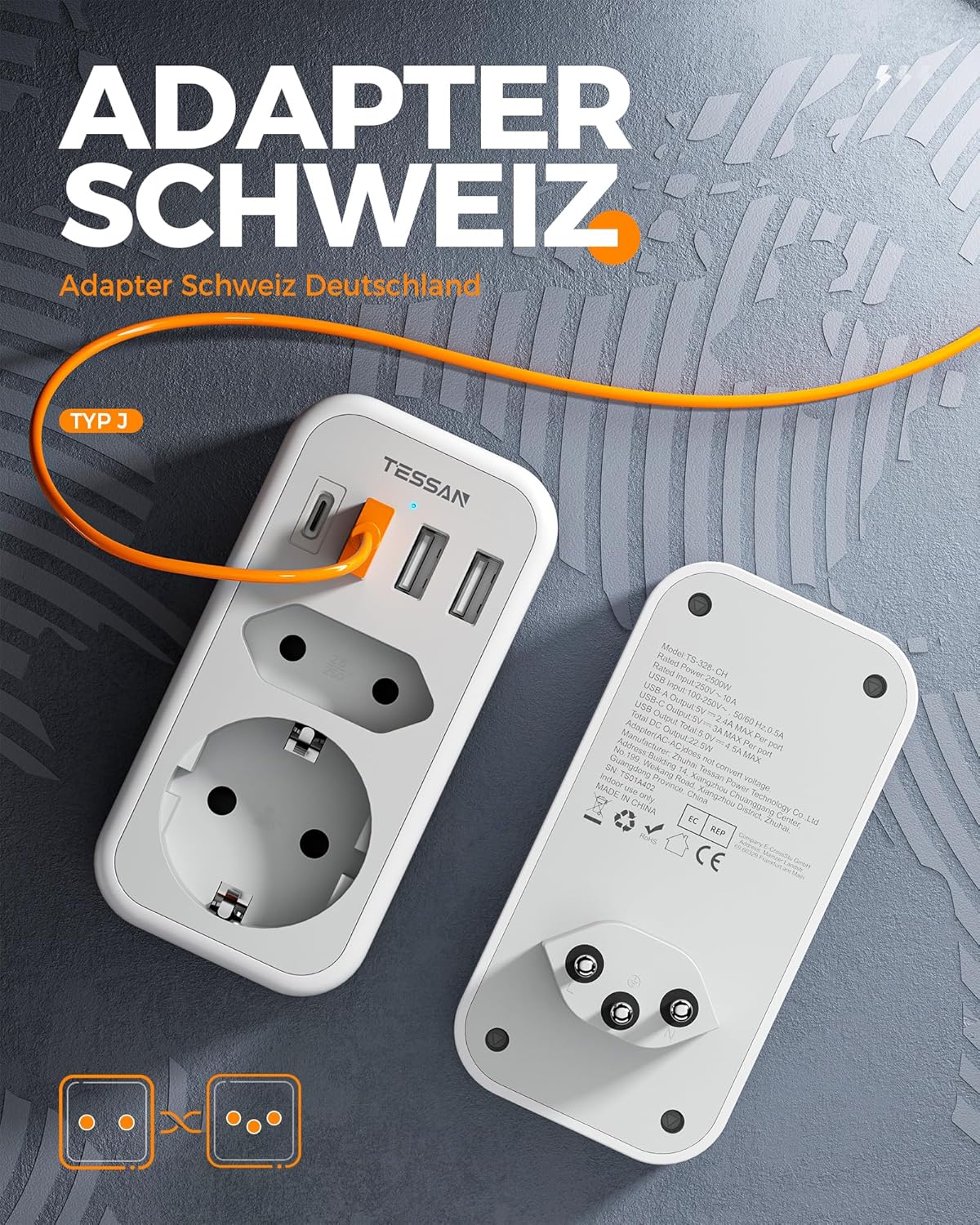 TESSAN 6-in-1 Reiseadapter Schweiz Typ J mit USB-C